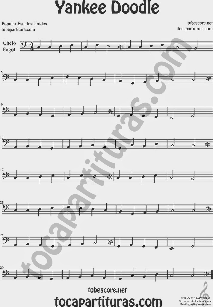  Yankee Doodle Partitura de Violonchelo y Fagot Sheet Music for Cello and Bassoon Music Scores