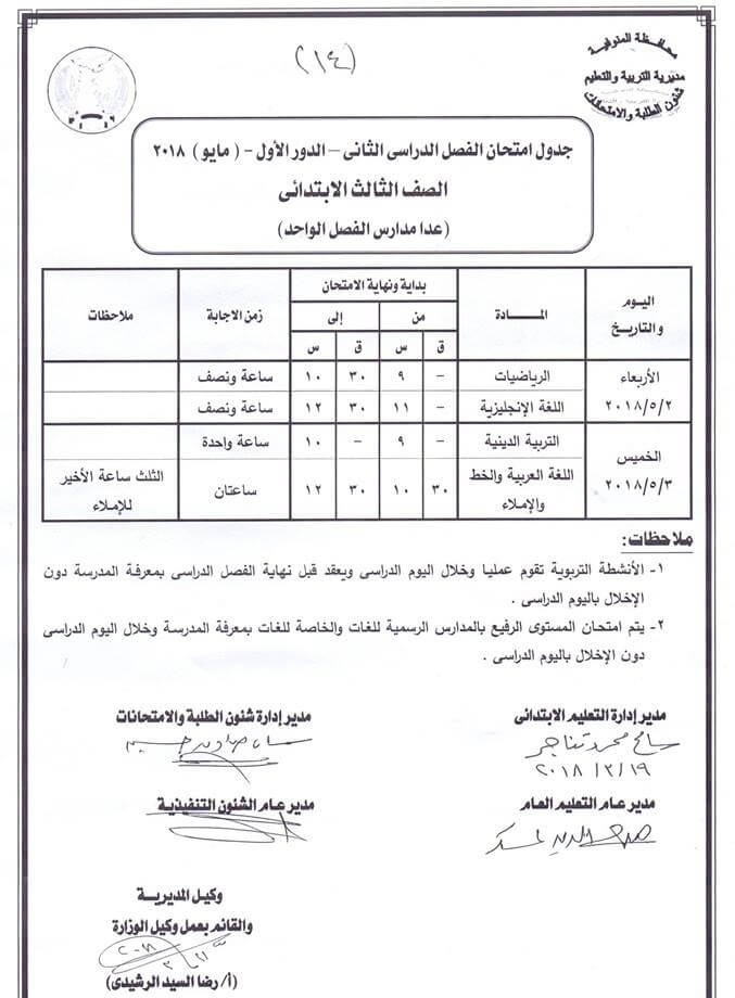 جدول امتحانات الصف الثالث الابتدائي الترم الثاني 2018 محافظة المنوفية