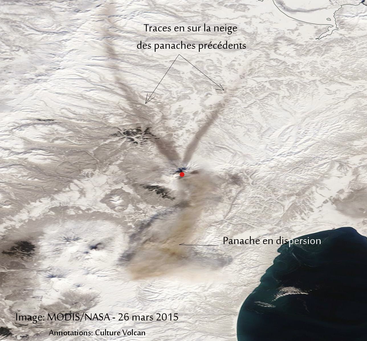 Dispersion du panache de cendres du volcan Sheveluch (Shiveluch), 26 mars 2015
