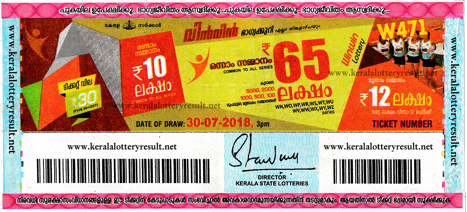 Kerala Lottery Results Today 30.07.2018 Win Win W.471 Lottery Result