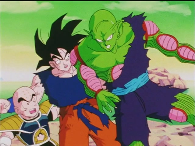 His Death Beam fires straight for Son Goku, who is saved by Piccolo. 