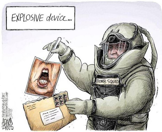 Title:  Explosive Device.  Image:  Bomb disposal expert removing a picture of Donald Trump's mouth from manila envelope.