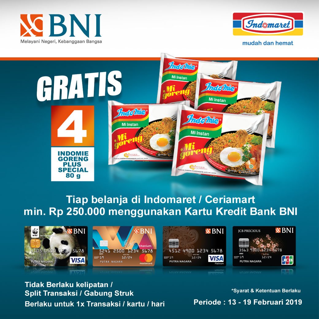 #Indomaret - #Promo Gratis 4 Indomie Goreng Tiap Belanja Pakai Kartu Kredit BNI (s.d 19 Feb 2019) #Indomaret - #Promo Gratis 4 Indomie Goreng Tiap Belanja Pakai Kartu Kredit BNI (s.d 19 Feb 2019)