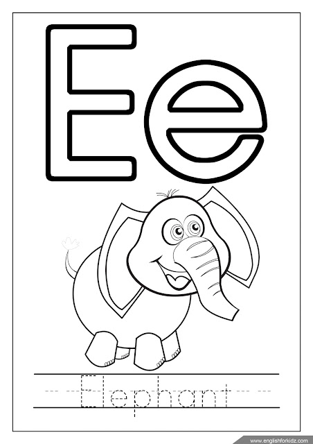 Alphabet coloring page, letter e coloring, e is for elephant