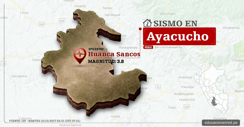 Temblor en Ayacucho de 3.8 Grados (Hoy Martes 10 Octubre 2017) Sismo EPICENTRO Huanca Sancos - IGP - www.igp.gob.pe