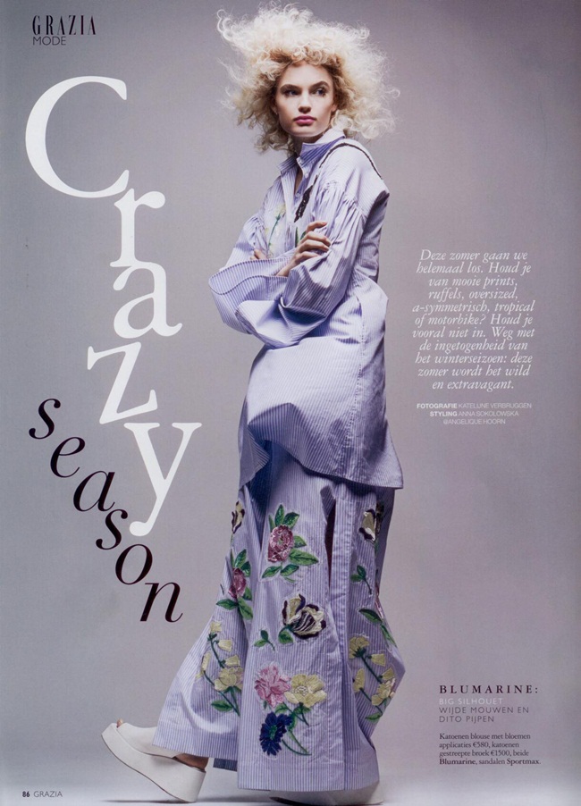 Grazia Netherlands February 2016, Isabel Scholten 2016 SS Blumarine Striped Cotton Poplin Mini Short Dress With Wide Leg Trousers Editorials