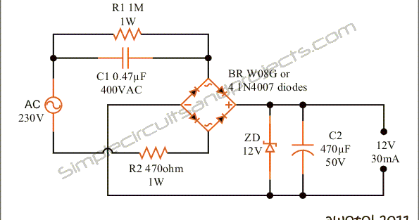 12Volt Transformerless Power Supply Circuit - Simple ... diode bridge rectifier wiring diagram for 