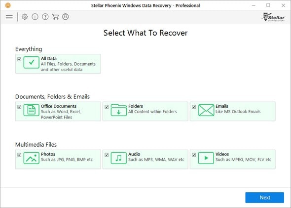 Selection of type of data to be recovered