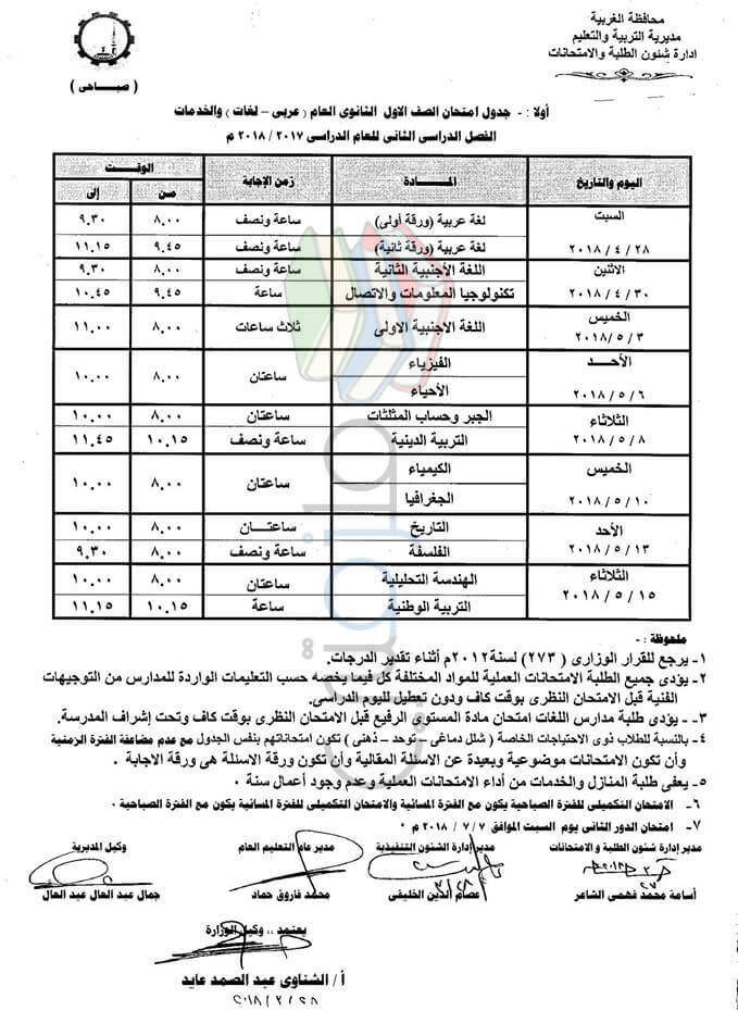 جدول امتحانات الصف الأول الثانوي 2018 الترم الثاني محافظة الغربية جدول امتحانات الصف الأول الثانوي 2018 الترم الثاني محافظة الغربية