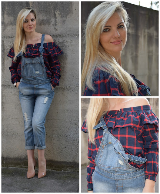 outfit salopette di jeans come abbinare la salopette dungaree outfit how to wear dungaree denim dungaree off the shoulder shirt outfit camicia off the shoulder mariafelicia magno fashion blogger colorblock by felym fashion blogger italiane outfit primaverili outfit aprile 2017 spring outfit april outfit