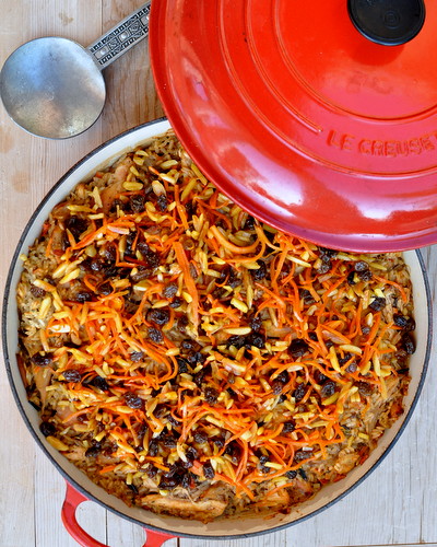 Afghan Chicken & Rice Casserole ♥ KitchenParade.com, rotisserie chicken, caramelized onions, roasted peppers, great for feeding a crowd. Budget Friendly. Weight Watchers Friendly. Gluten Free. High Protein.