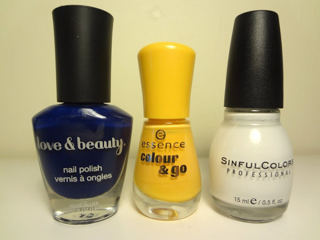 navy blue, mustard yellow, snow me white nail polish