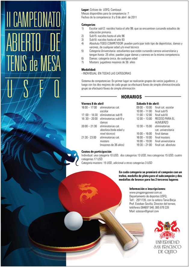 II Campeonato de Tenis de Mesa USFQ: 8 y 9 de Abril 2011, Coliseo  Alexandros USFQ - Noticias USFQ