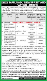Applications are invited for various level managers and Plant Engineer in Paper Mill and MDCB Plants of TNPL Trichy