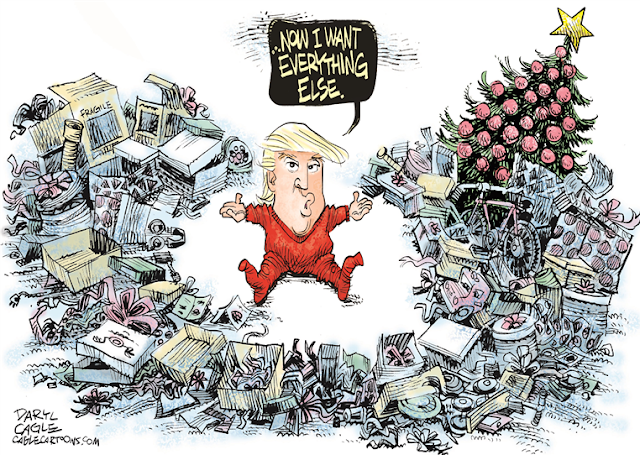 Donald Trump as toddler surrounded by mounds of unwrapped toys next to Christmas tree saying, 