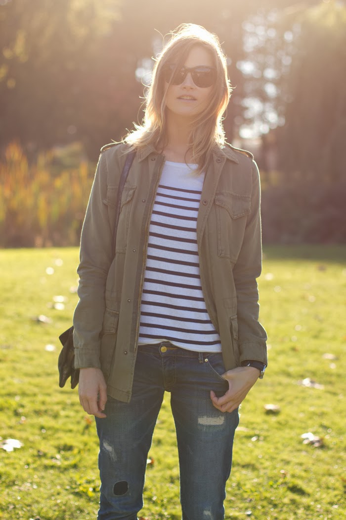 Vancouver Fashion Blogger, Alison Hutchinson is wearing an urban outfitters military coat, an aritzia striped top, zara boyfriend jeans, converse sneakers and a botkier valentina bag