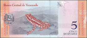 Venezuela Currency 5 Bolivares Soberanos banknote 2018 Rancho Grande harlequin frog