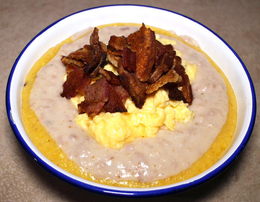 In My Caravan Kitchen Crispy Bacon and Scrambled Egg on Polenta with