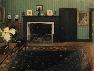 Julian's Parlor at Weir Farm orientla carpet, fireplace, chinese ginger jar