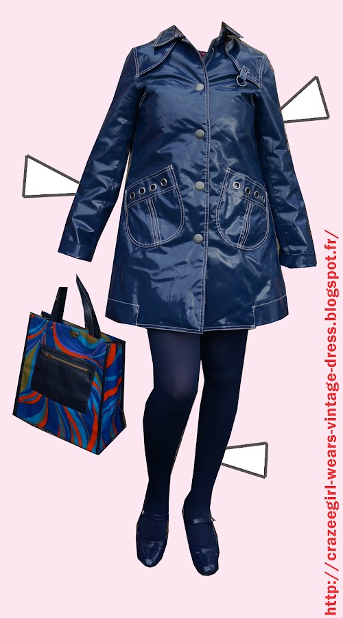 navy blue raincoat patent mary jane vintage 60s 70s 1960 1970 psychedelic tote bag