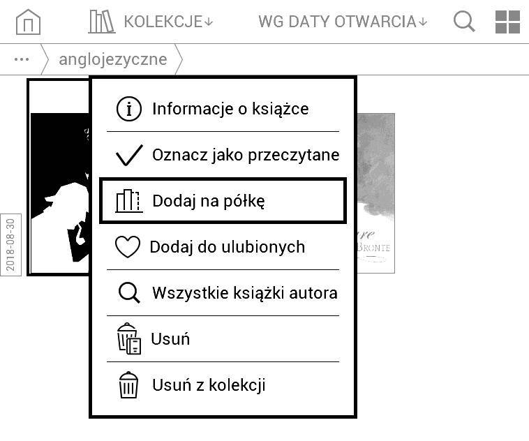 PocketBook Basic Lux 2 - menu kontekstowe wybranego e-booka z biblioteki