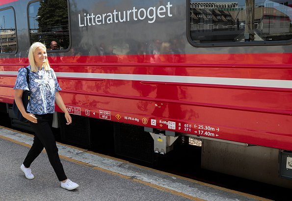Crown Princess Mette-Marit wore BY TIMO Bohemian Frill Blouse, Princess Mette-Marit travels on a Literary Train tour from Kristiansand to Stavanger.