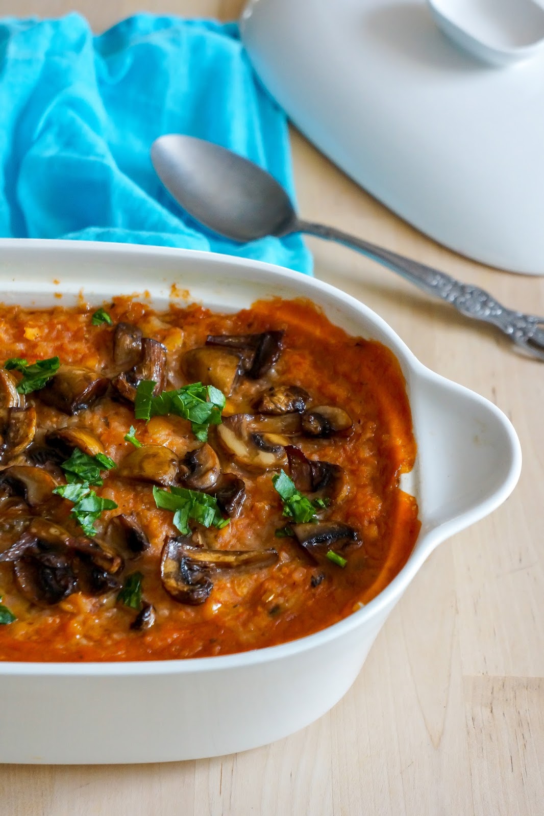 Split pea casserole with roasted mushrooms