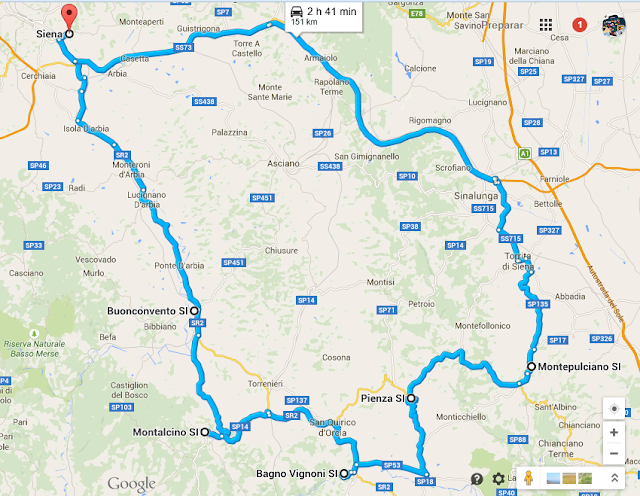 mapa itinerario de ruta por la Toscana en coche
