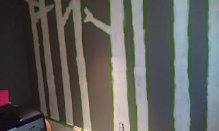 first coat of white paint on gray wall for diy wall tree painting
