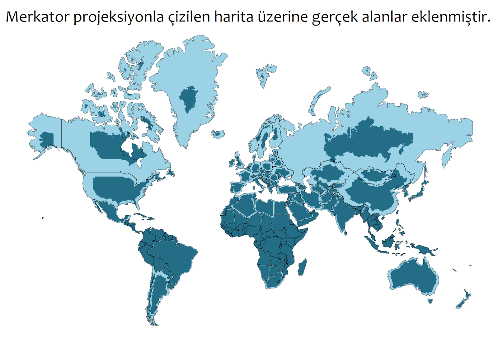 Dünya karalarının Merkator projeksiyon (açık mavi) ile gerçek alan (koyu mavi) kıyaslaması