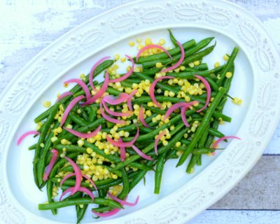 Summer Green Bean Salad, another easy summer salad ♥ AVeggieVenture.com, just steamed green beans, sweet corn and Spiced Pickled Red Onions. WW Friendly. Vegan. Gluten Free.