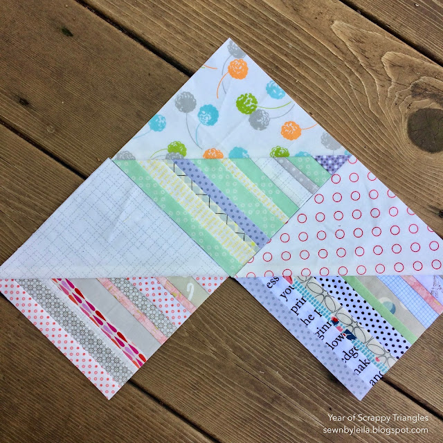 6" Scrappy Foundation Paper Pieced half square triangles quilt block from the Year of Scrappy Triangles at Sewn by Leila Gardunia - free quilt block tutorial pattern