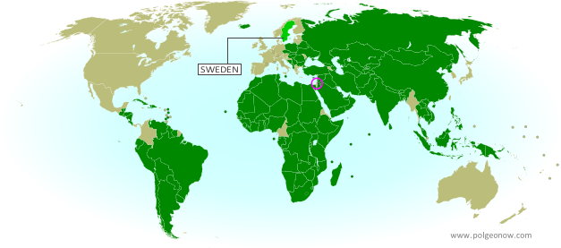 Map of countries that recognize the State of Palestine as an independent country, updated for December 2014 with recent addition Sweden highlighted