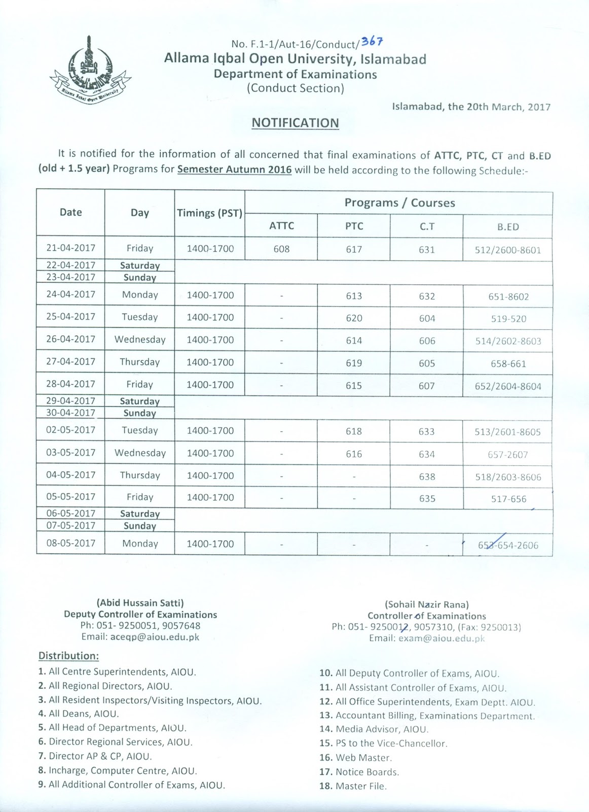 Aiou date sheet matric f a b a bs ade adc and b ed 2017 attc ptc