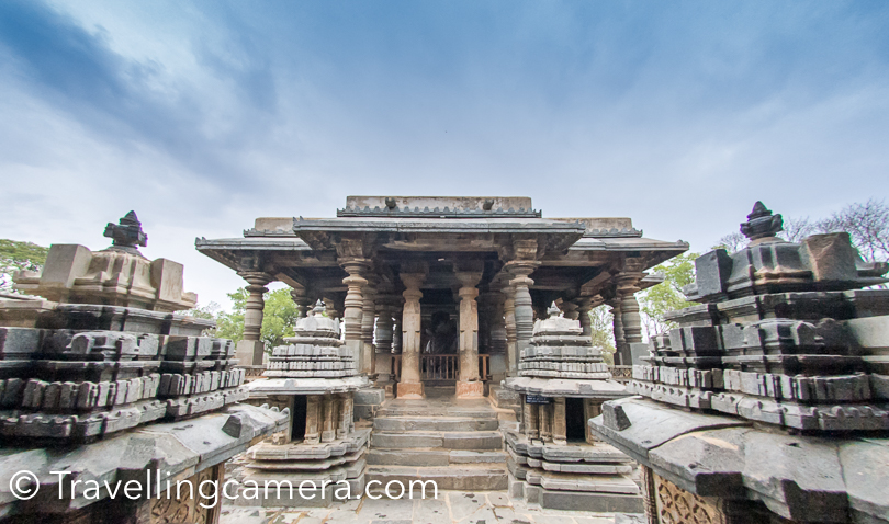 In front of these temples there is a large lake. The two Nandi  images on the sides of the Hoysaleshwara temple are monoliths and you can see one of them in above photograph. Soapstone  (chloritic schist) was used for the construction of these temples. 