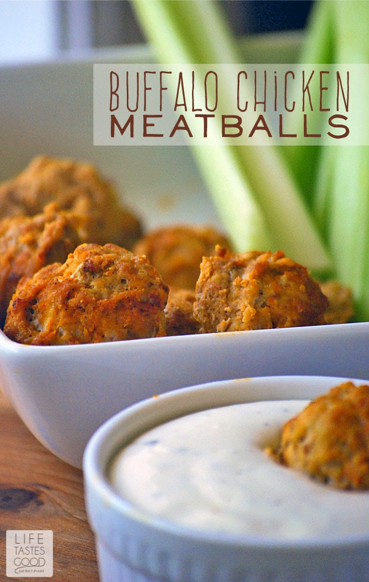 Buffalo Chicken Meatballs | by Life Tastes Good are easy to make and perfect when you need delicious party food. I love the buffalo chicken wing flavor in these meatballs! They are the perfect appetizer for spicing up your holiday parties! #SeasonedGreetings