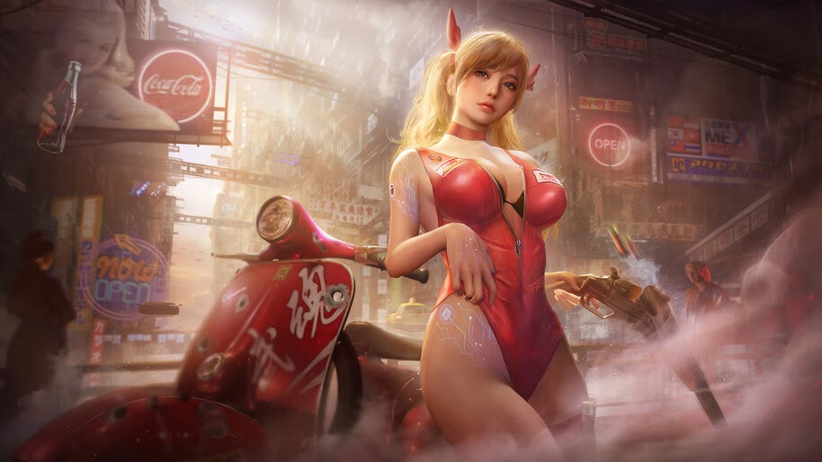 Cyberpunk, Beautiful, Girl, Motorcycle, 4K, #4.964