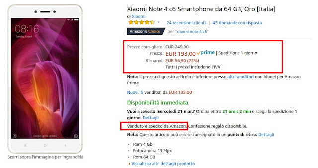 Xiaomi Redmi Note 4 Gold 4/64 GB venduto e spedito da Amazon a 193 euro
