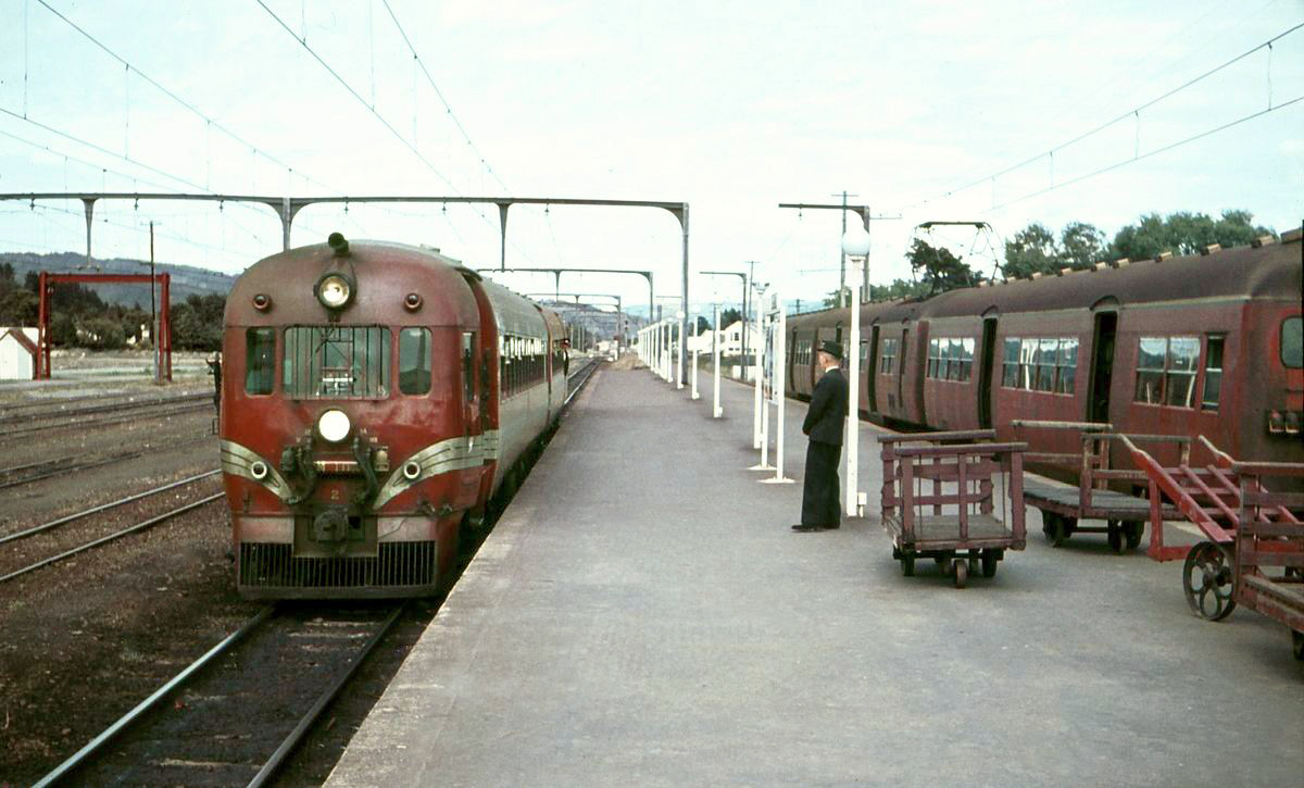transpress nz a Fiat railcar to Woodville passes through Upper Hutt, 1963