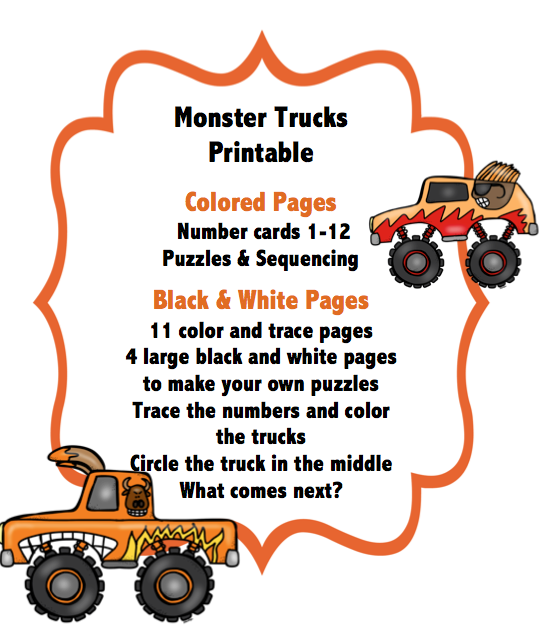Monster Trucks Printable ~ Preschool Printables
