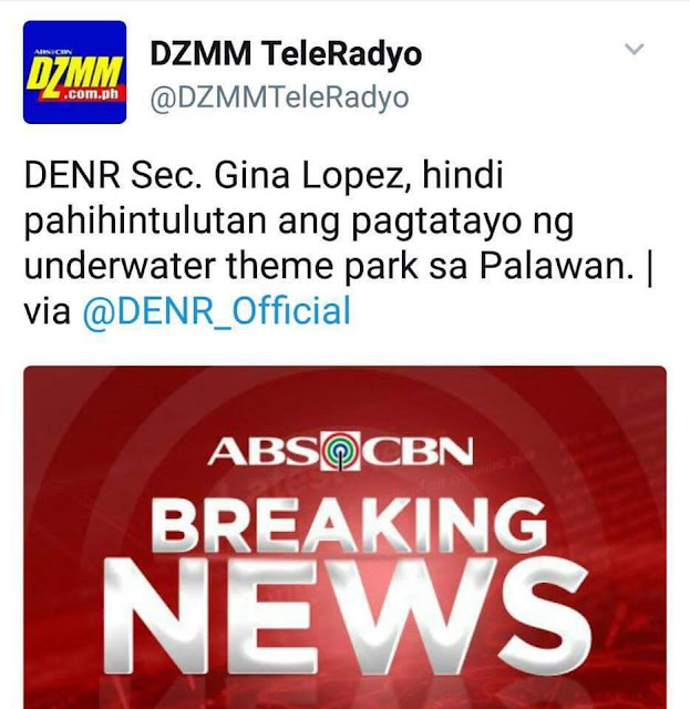 DENR Secretary Gina Lopez On Nickelodeon's Underwater Theme Park: "No Way!" DENR Secretary Gina Lopez On Nickelodeon's Underwater Theme Park: "No Way!"
