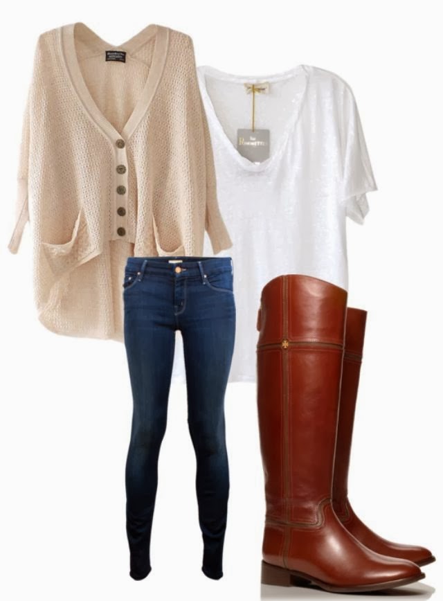 Light brown oversize cardigan, white blouse, jeans, and dark brown long ...