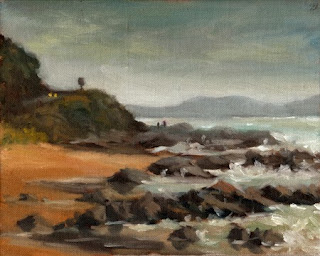 Oil painting of waves breaking on rocks on a beach, with gentle cliffs beside.