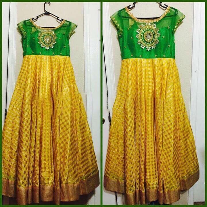 Bright Yellow Green Checks Frock - Indian Dresses