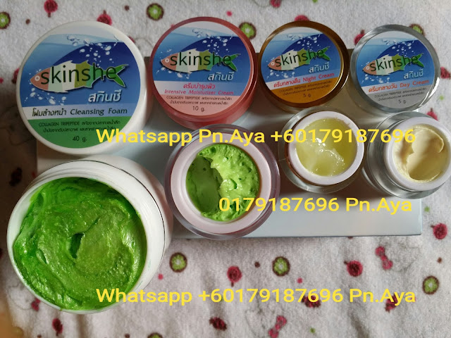 Skinshe Giftset Cream ( Shinete original ) Help reduce wrinkles freckles and dark spots faded. Anti oxidant with natural extracts. Fine white skin smooth and clear. Products you use, you will see the change. Within 15 days of the face. PRICE: 1 SET RM90 WEST MALAYSIA, RM95 EAST MALAYSIA..FREE POSTAGE WHATSAPP ORDER +60179187696 #skinshe #skinshegiftcream Skinshe Gift Set Cream in 1 set contains : 1. Skinshe Cleansing Foam ( White Cartridge, green meat ) Use clean face purely, no oil on the face and not dry skin. No. FDA 10-1-5754262 Ingredients : DI Water, Stearic Acid, Propylene glycol, Hostapon CT Paste, ODN, TEA, KD,Comperian 100 C, Myristic Acid, Amino coat, Bozeat 400, Cucumber Extract , Vitamin E, Vitamin B 3 Size: 40 g 2. Skinshe Day Cream ( Silver Cartridge ) Add moisture to the skin with a combination of natural energy collagen tripeptide. It is a collagen peptide extracted from deep sea fishing, is oil from the whales, seaweed deep. No. FDA 10-1-5800076 Ingredients : DI Water, AP Wax 80, OMC, Micronized, zinc oxide, DC345, Tianium dioxide nanosil, Hostaphat KL340D, Propylene glycol, Oligo GGF, Carrot Extract, Jojoba Leaf Extract, AVC, Paratexin FPX, Vitamin E, Glydant plus Size: 5 g 3. Skinshe Night Cream ( Gold Cartridge ) Sunscreen primer mix not sticky light cream. Make white face smooth and clear. Don't worry that face will have it because the ingredients of the cream has excellent quality. No. FDA 10-1-5800077 Ingredients : DI Water, AP Wax 80, Aminocoat, AVC, Propylene glycol, Oligo GGF, DC 345, Glycerine, Hostacphat KL 340D, Macadamia Oil, Glydant plus, Radish Extract, Arbutin, Kojic Acid , Vitamin B3, VitaminE, Mulberry Bark Extract , Allantion Size : 5 g 4. Skinshe Intensive Moisturizer Cream ( Pink Cartridge ) Help your skin hydrated throughout the night. Restore condition ready to welcome a new day, light cream not sticky. Comprising pueraria help tightening skin face taut. Beta glucan helps smooth skin. collagen helps strengthen the skin structure. vitamin helps the face radiant, mango extract helps keep skin youthful. No. FDA 10-1-5800080 Ingredients : DI Water, AP Wax 80, Aminocoat, GGF, Propylene glycol, DC 344, Propylene glycol, Hostacerin SAF, Macadamia Oil, Evening Primerose Oil, Tumeric Extract, Jojoba Leaf Extract, Lavender Extract, Allantion, Vitamin E Size : 10 g How to use Skinshe Giftset Cream in 1 day : In the morning. 1. Cleansing with Skinshe Cleansing Foam ( White Cartridge, green meat ) 2. Apply Skinshe Intensive Moisturizer Cream ( Pink Cartridge ) 3. Apply Skinshe Day Cream ( Silver Cartridge ) In the evening 1. Cleansing with Skinshe Cleansing Foam ( White Cartridge, green meat ) 2. Apply Skinshe Intensive Moisturizer Cream ( Pink Cartridge ) 3. Apply Skinshe Night Cream ( Gold Cartridge )