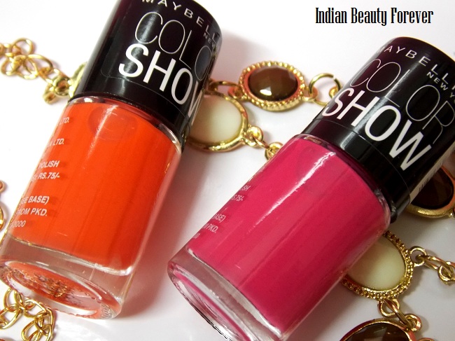 Maybelline color show Orange fix and Feisty Fuchsia nail paints swatches