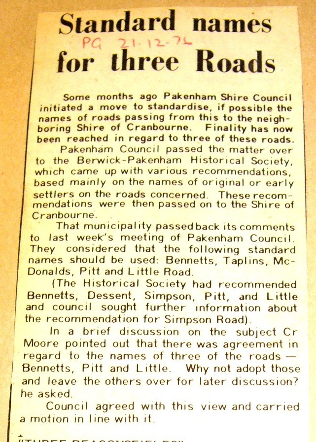 Koo Wee Rup Swamp History Road names at Cora Lynn, Vervale, Iona and