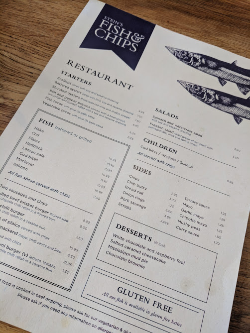 A Morning in Padstow : What to do with Kids  - Stein's fish and chips menu