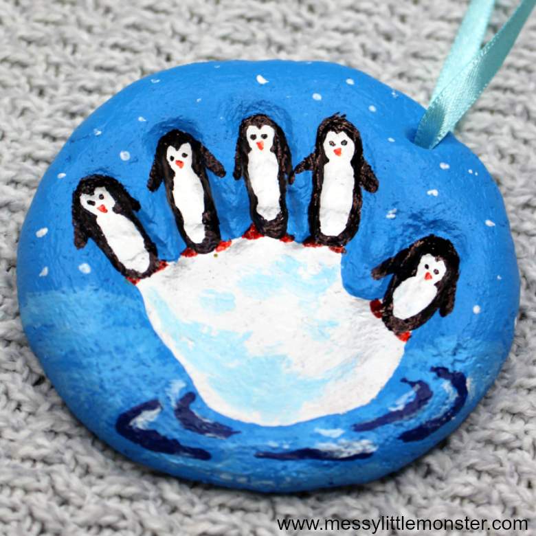 penguin handprint craft, salt dough ornament, fingerprint penguins
