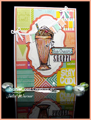 North Coast Creations Stamp sets: Ice Cream Shoppe, Our Daily Bread Designs Custom Dies: Vintage Labels, Vintage Flourish Pattern, Pennant Swag, Pennant Alphabet, Flourished Star Pattern